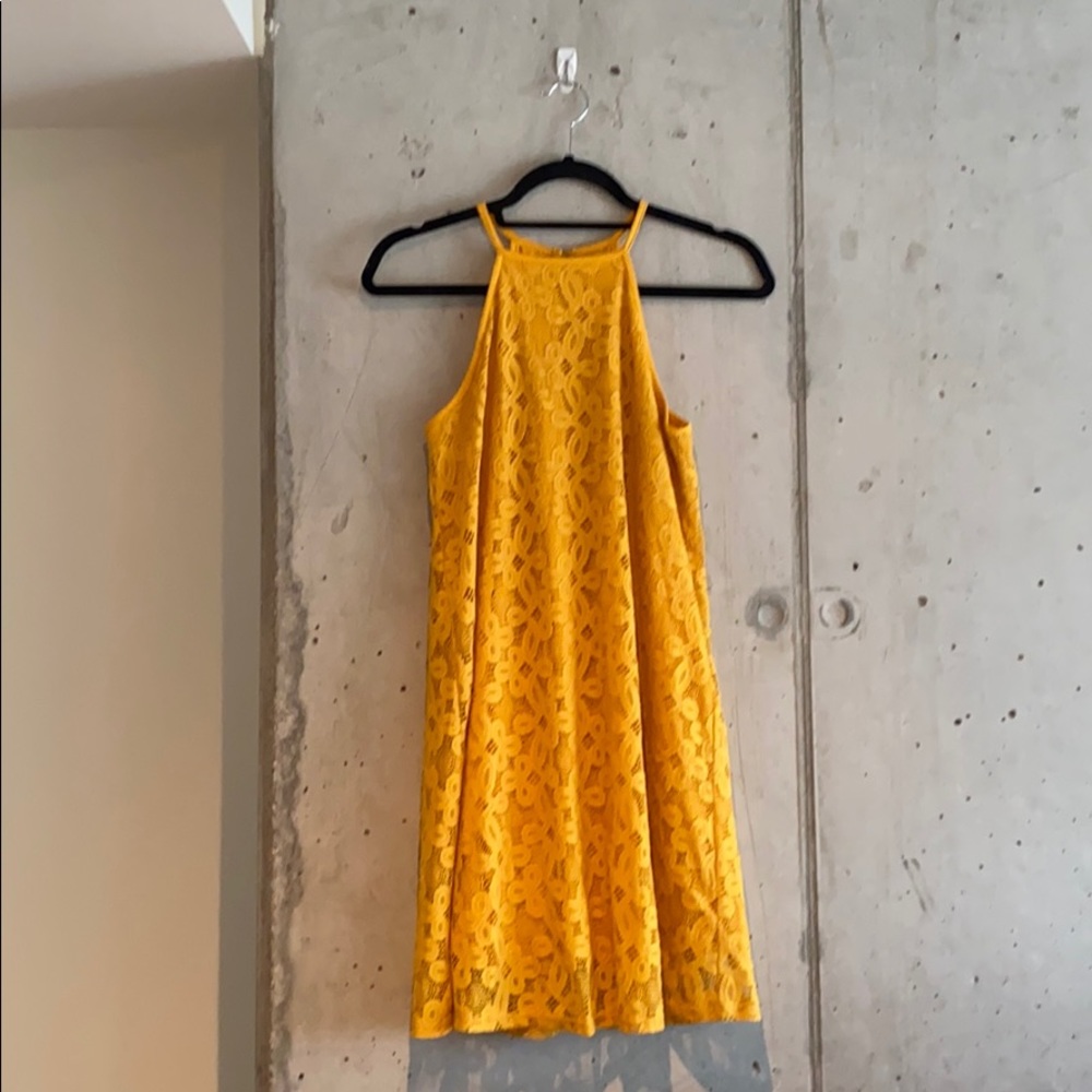 Love, Fire Gold Crochet Lace Halter Dress | Size M